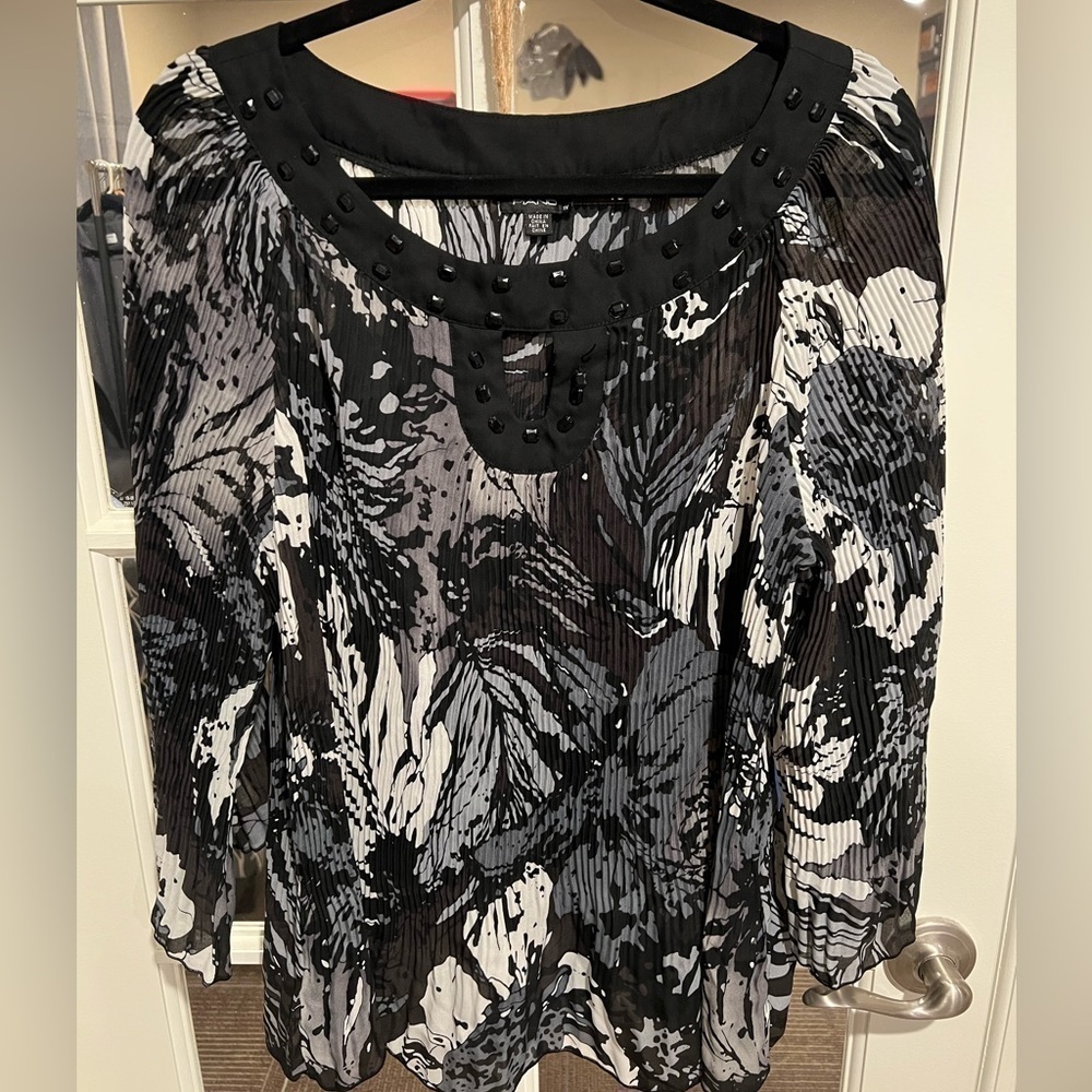 Semi Sheer Accordion Embellished Plus Size Bell sleeve Blouse 1X